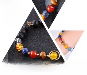 Vue détaillée du bracelet système solaire avec pierres naturelles œil de tigre et lave