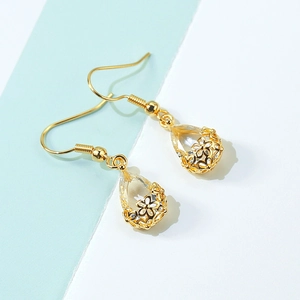 French style waterdrop crystal earrings with intricate gold hollow flower craftsmanship