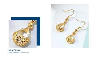 Detail view of water drop crystal earrings with golden hollow floral metal frame