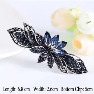 Barrette à cheveux fleurs en cristal bleu foncé et métal argenté, longueur 6,8 cm