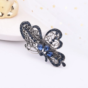 Barrette papillon vintage élégante avec strass bleus et alliage argenté ciselé
