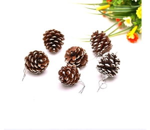 Detail of natural brown pine cones with white snow effect for Christmas tree decoration