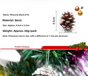 Detail of 9pcs white-tipped resin pine cone ornaments on a festive Christmas tree branch