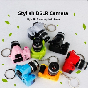 Miniature SLR camera keychains with LED light and sound in multiple vibrant colors