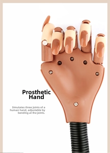 Close-up of flexible manicure practice hand with three-joint movable fingers and stable base