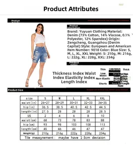 Size guide for high stretch light blue ripped denim shorts showing US and CM measurements