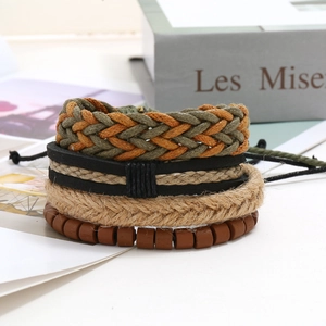 Vintage multilayer braided leather bracelet set with cotton ropes and wooden beads