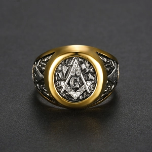 Vintage gold and silver Freemasonry ring with square, compass, and white crystals