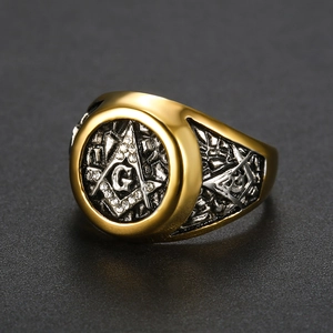 Gold Masonic Freemason ring with G logo and cubic zirconia on vintage steel band
