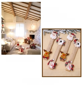 Linen Christmas handle covers featuring 3D Santa and reindeer with red plaid bows