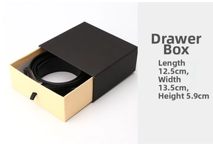 Detail view of drawer-style black belt gift box showing precise 12.5x13.5x5.9cm dimensions
