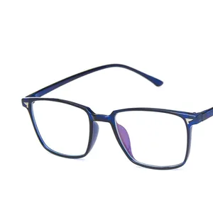Square dark blue translucent eyeglasses with anti-blue light lenses and retro frame