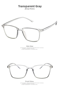 Detail view of transparent grey square glasses frames showing front and side profile