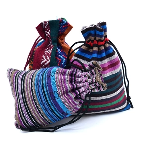 Ethnic style drawstring cotton bags with colorful geometric patterns for gift packaging