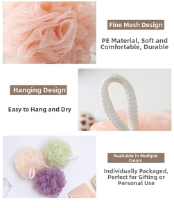 Detail of soft PE mesh bath sponge with hanging rope and dense foaming texture