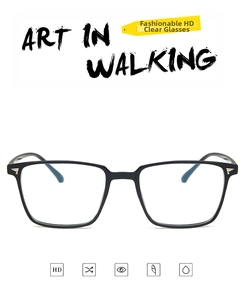 Detail of matte black square glasses frame with silver metal wing accents and HD lenses