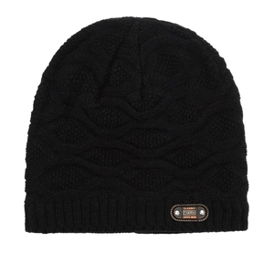 Black wavy knit beanie with classic leather patch and warm thermal fleece lining