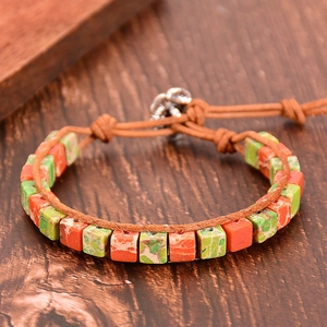 Bracelet Enveloppant Fait Main Perles Pierre Naturelle Colorée Amazonite Avec Corde Cuir Alliage Fermoir Lotus Yoga