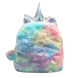 Rainbow plush unicorn backpack for kids with holographic silver horn and ears