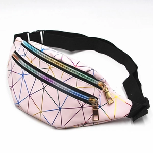 Pink holographic geometric waist pack with multi-layered zipper pockets and adjustable strap