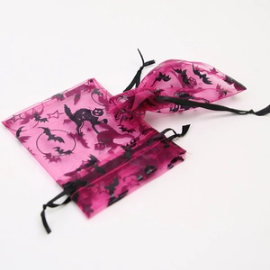 Pink organza Halloween gift bags with black cat and bat prints, size 9x12cm