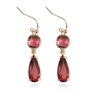 Elegant gold drop earrings with multifaceted burgundy crystal circles and teardrops