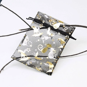 Halloween organza gift bags with gold cat and wizard hat prints for jewelry packaging