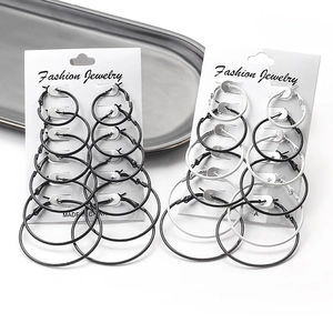 6-pair set of classic black and white hoop earrings in various sizes for daily styling