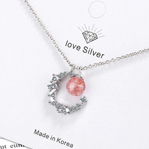 Minimalist moon pendant necklace with pink strawberry crystal and silver chain