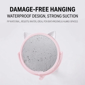 Pink cat-ear wall-mounted makeup mirror with waterproof swivel stand for bathroom