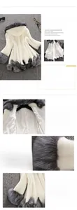 Detail view of cream faux fur coat with dark grey plush trim on hood and cuffs
