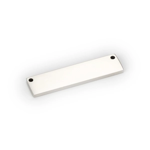 Close-up of polished stainless steel rectangular pendant with dual holes for DIY jewelry