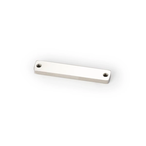 Close-up of polished stainless steel rectangular charm with dual holes for DIY jewelry