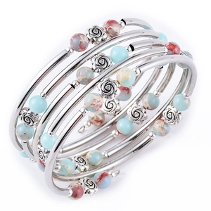 Bohemian multilayer spiral wrap bracelet with turquoise stones and silver rose beads