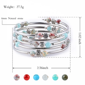 Multi-layer natural stone beaded bracelet with metal rose beads and snake skin agate stones