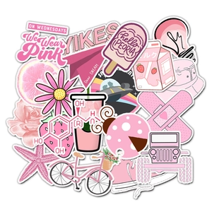 Set of 50 cute pink aesthetic PVC waterproof stickers for laptop, luggage, and water bottle