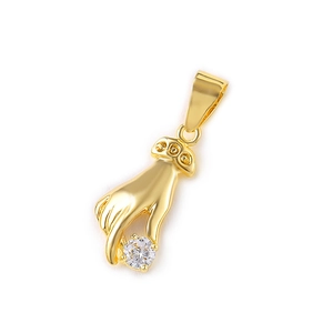Golden hand-shaped pendant holding a clear sparkling gemstone on a clean white background
