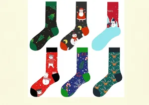 Detailed set of six cotton Christmas socks featuring Santa Claus, reindeer, and tree patterns