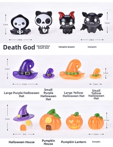 Size chart showing 12 miniature Halloween figurines with dimensions for each resin decor
