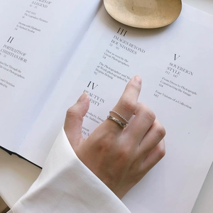 Minimalist 925 sterling silver stacked ring set with beads on a fashion magazine