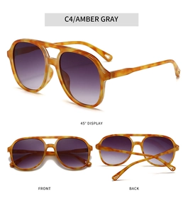 Three views of amber tortoiseshell aviator sunglasses with purple gradient lenses
