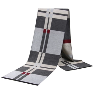 Classic gray, black, and red checkered winter scarf with soft thick fringe for men