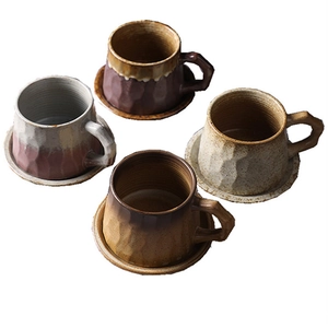 Japanese retro ceramic coffee cup and saucer set with textured glaze and gold trim