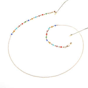 Colorful crystal bead anti-slip eyewear chain with gold metal links and rubber loops