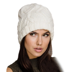 Chic white chunky knit beanie with diamond pattern for women's winter warmth