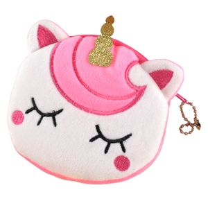 Cute plush unicorn coin purse featuring white faux fur and golden sequin horn detail