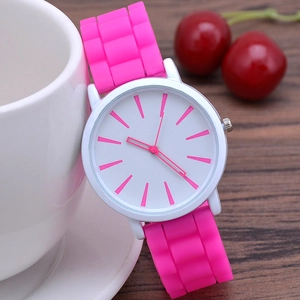 Classic slim silicone quartz watch with white round case and pink strap for women