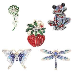 Sparkling crystal insect brooch set including colorful frog, butterfly, and strawberry