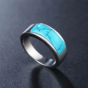 Minimalist silver titanium steel men's ring featuring a rectangular blue turquoise stone inlay
