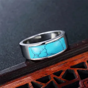 Polished titanium steel ring for men featuring a rectangular blue turquoise stone inlay